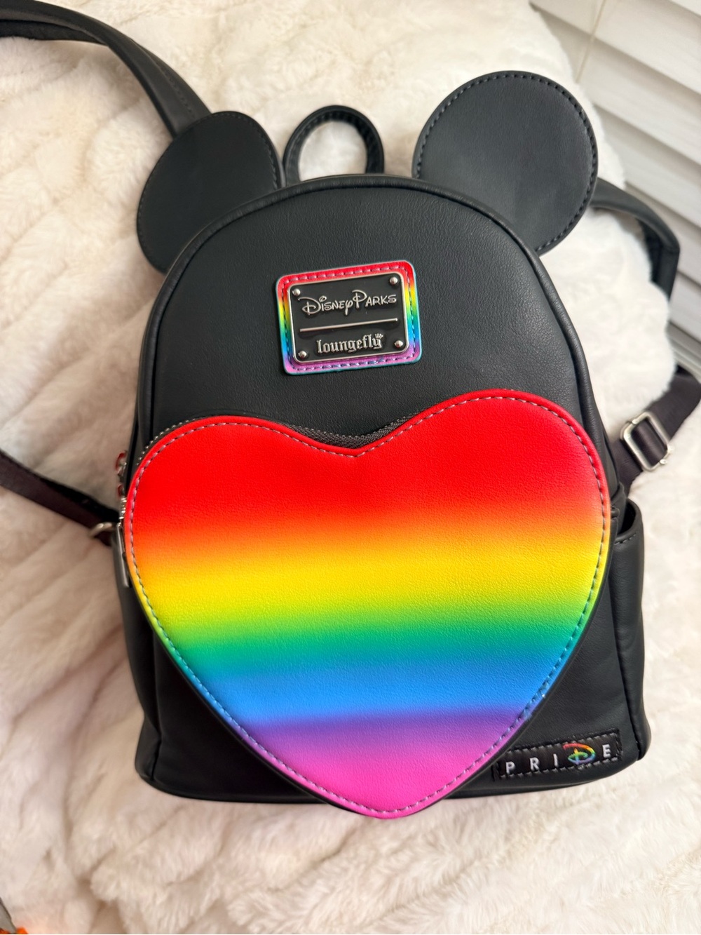 Loungefly Black Mini Backpack with Rainbow Heart Front Pocket